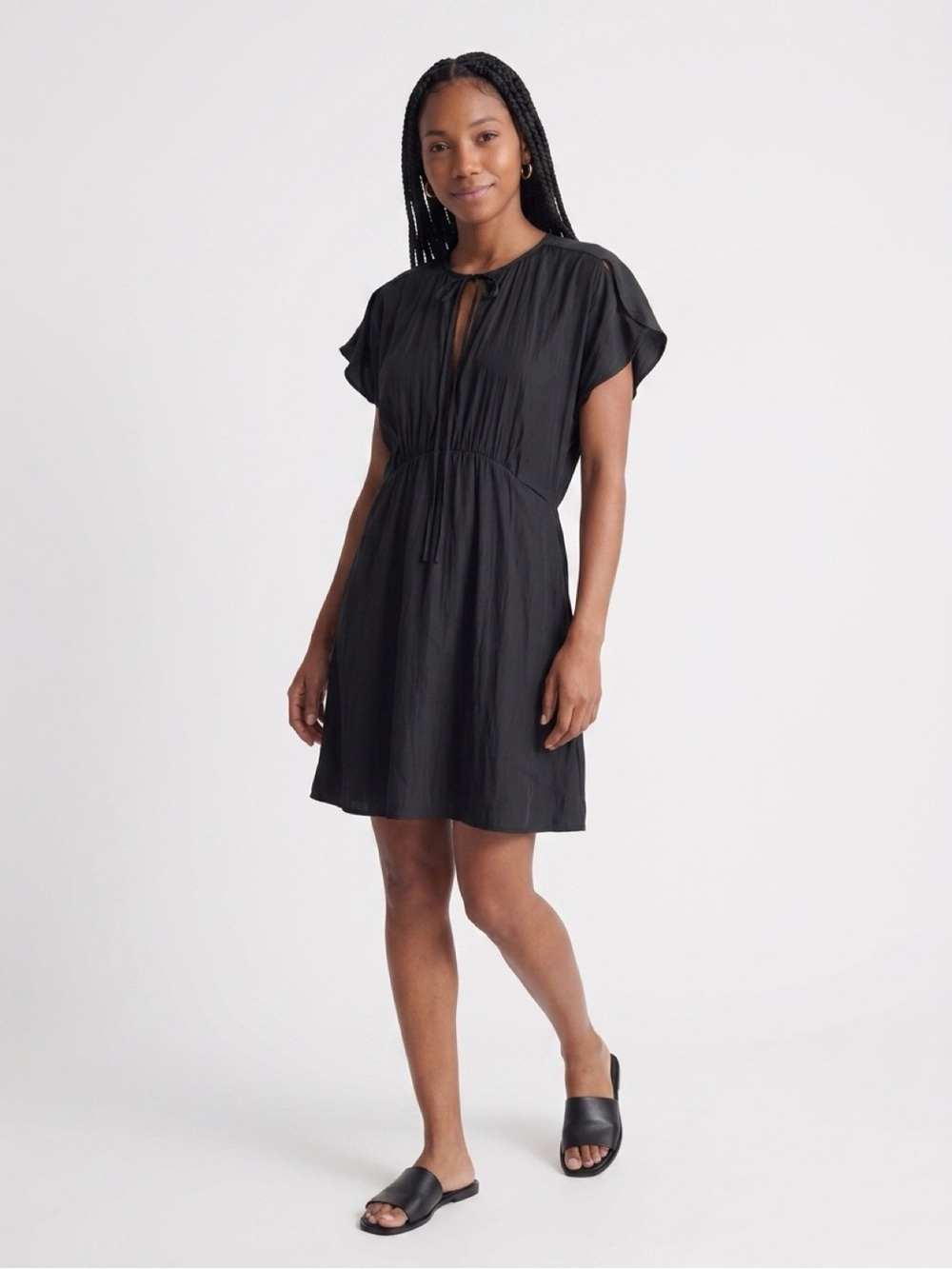 Black Women's Short Sleeve Drawstring Waist Dress Small
